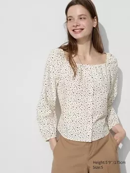 Хлопчатобумажная блузка с квадратным вырезом принт Uniqlo, белый