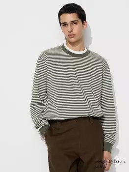 Хлопчатобумажная футболка airism в полоску, с длинным рукавом Uniqlo, зеленый
