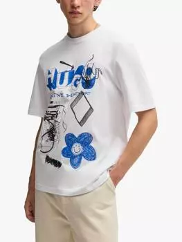 Хлопчатобумажная футболка с графическим рисунком обычного покроя с коротким рукавом HUGO BOSS, белый/разноцветный