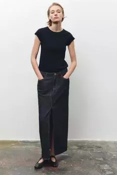 Хлопчатобумажная футболка с коротким рукавом ZARA, темно-синий