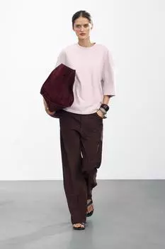 Хлопчатобумажная футболка свободного покроя ZARA, цвет Pink/Lilac