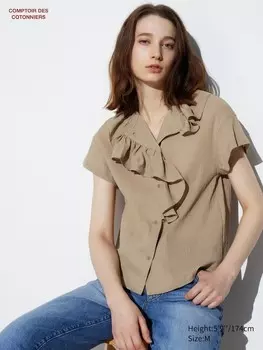 Хлопчатобумажная прозрачная рубашка с короткими рукавами в складку Uniqlo, хаки
