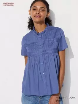Хлопчатобумажная рубашка с коротким рукавом Uniqlo, синий