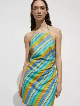 Хлопчатобумажное мини-платье в полоску с высоким воротом Mango, цвет Medium Blue