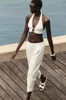 Хлопчатобумажные брюки с эластичной талией ZARA, устрично-белый