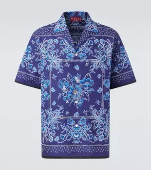 Хлопковая блузка для боулинга с цветочным принтом Gucci, Navy/Royal Blue/Mc