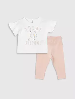 Хлопковая блузка и колготки для маленьких девочек с круглым вырезом, комплект из 2 предметов LCW baby, экрю