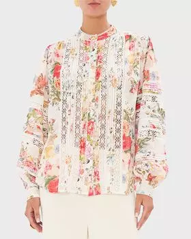Хлопковая блузка с кружевной отделкой и цветочным принтом Camilla, цвет Sew Yesterday