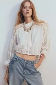 Хлопковая блузка с кружевными вставками H&M, бежевый