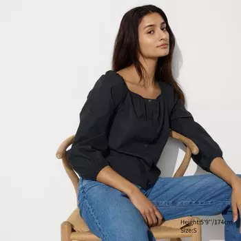Хлопковая блузка с квадратным воротником UNIQLO, черный