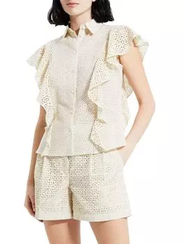 Хлопковая блузка с рюшами Theory, цвет Ecru