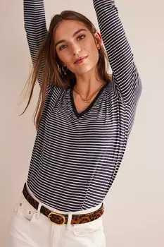 Хлопковая блузка с V-образным вырезом и длинными рукавами Boden, синий