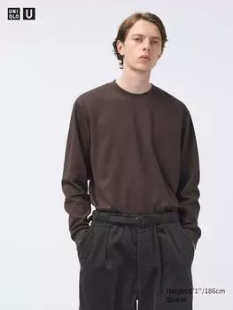 Хлопковая футболка airism с круглым вырезом оверсайз длинный рукав Uniqlo, коричневый