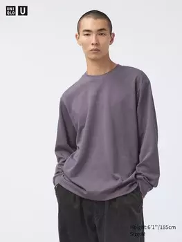 Хлопковая футболка airism с круглым вырезом оверсайз длинный рукав Uniqlo, фиолетовый