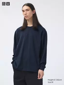 Хлопковая футболка airism с круглым вырезом оверсайз длинный рукав Uniqlo, синий