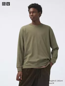 Хлопковая футболка airism с круглым вырезом оверсайз длинный рукав Uniqlo, зеленый