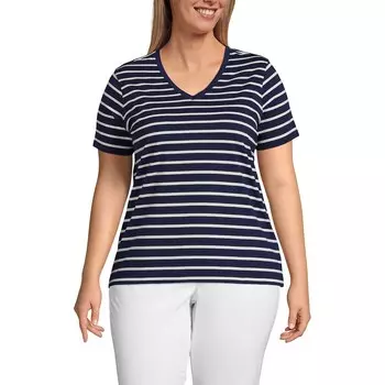 Хлопковая футболка большого размера Lands' End свободного кроя Supima с v-образным вырезом, цвет Navy Breton Stripe