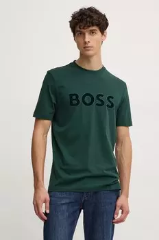 Хлопковая футболка BOSS, зеленый