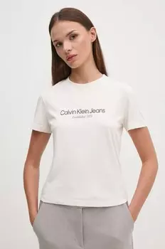 Хлопковая футболка Calvin Klein Jeans, бежевый