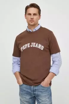 Хлопковая футболка CLEMENT Pepe Jeans, коричневый