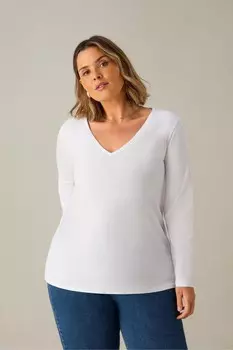 Хлопковая футболка Curve с v-образным вырезом и длинными рукавами Live Unlimited, белый