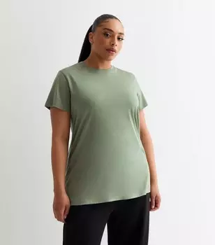 Хлопковая футболка цвета хаки Curves New Look, хаки