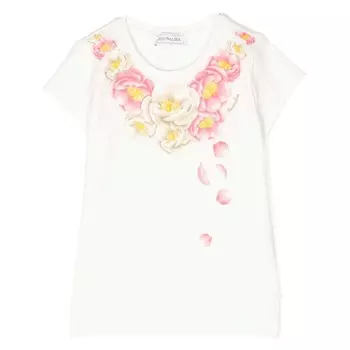Хлопковая футболка цвета слоновой кости с цветочным принтом Monnalisa, белый