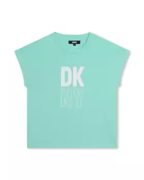 Хлопковая футболка для девочек с логотипом спереди DKNY, цвет Verde Agua