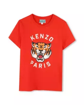 Хлопковая футболка для девочки с иллюстрацией спереди Kenzo Kids, красный
