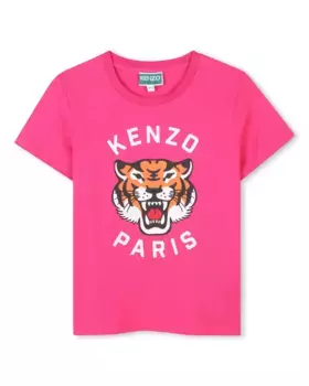 Хлопковая футболка для девочки с иллюстрацией спереди Kenzo Kids, фуксия