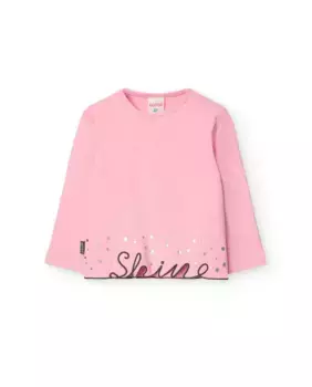 Хлопковая футболка для девочки с круглым вырезом и длинными рукавами Boboli, розовый