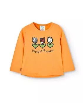 Хлопковая футболка для девочки с круглым вырезом и рисунком спереди Boboli, оранжевый