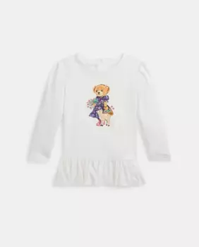 Хлопковая футболка для девочки с мишкой-поло Polo Ralph Lauren, цвет Crudo