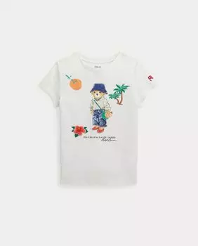 Хлопковая футболка для девочки с мишкой-поло Polo Ralph Lauren, белый