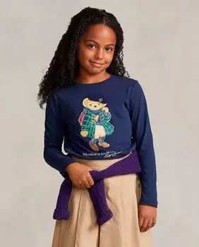 Хлопковая футболка для девочки с мишкой-поло Polo Ralph Lauren, темно-синий