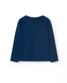 Хлопковая футболка для девочки с принтом спереди и длинными рукавами Boboli, темно-синий
