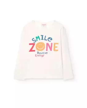 Хлопковая футболка для девочки с принтом спереди и длинными рукавами Boboli, белый