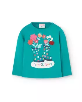 Хлопковая футболка для девочки с принтом спереди и круглым вырезом Boboli, цвет Verde Agua