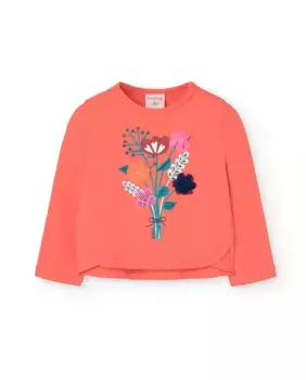 Хлопковая футболка для девочки с принтом спереди и круглым вырезом Boboli, коралловый