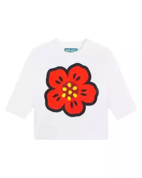 Хлопковая футболка для девочки с рисунком спереди и логотипом сзади Kenzo Kids, белый