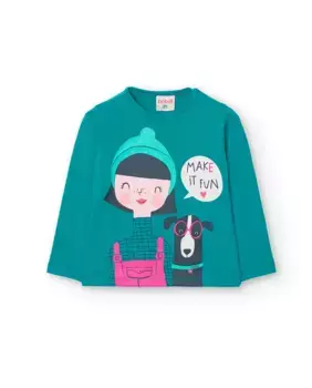 Хлопковая футболка для девочки с рисунком спереди Boboli, цвет Verde Agua