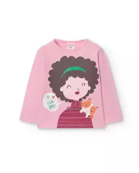 Хлопковая футболка для девочки с рисунком спереди Boboli, розовый
