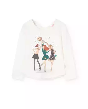 Хлопковая футболка для девочки с рисунком спереди и декоративным вырезом Boboli, белый