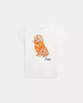 Хлопковая футболка для девочки со щенком Polo Ralph Lauren, белый
