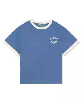 Хлопковая футболка для мальчика с контрастной окантовкой Kenzo Kids, цвет Azul ndigo