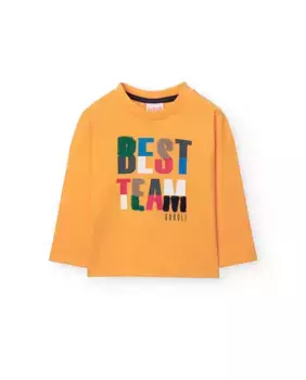 Хлопковая футболка для мальчика с надписью спереди и длинными рукавами Boboli, желтый