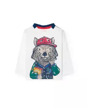 Хлопковая футболка для мальчика с надписью спереди и длинными рукавами Boboli, белый