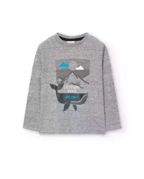 Хлопковая футболка для мальчика с принтом спереди и длинными рукавами Boboli, светло-серый