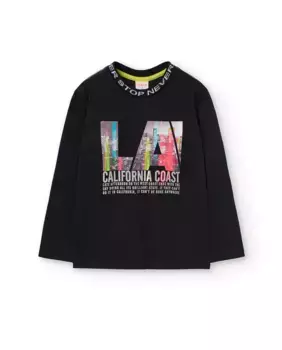 Хлопковая футболка для мальчика с принтом спереди и длинными рукавами Boboli, черный