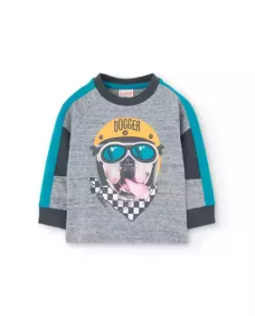 Хлопковая футболка для мальчика с принтом спереди и длинными рукавами Boboli, светло-серый